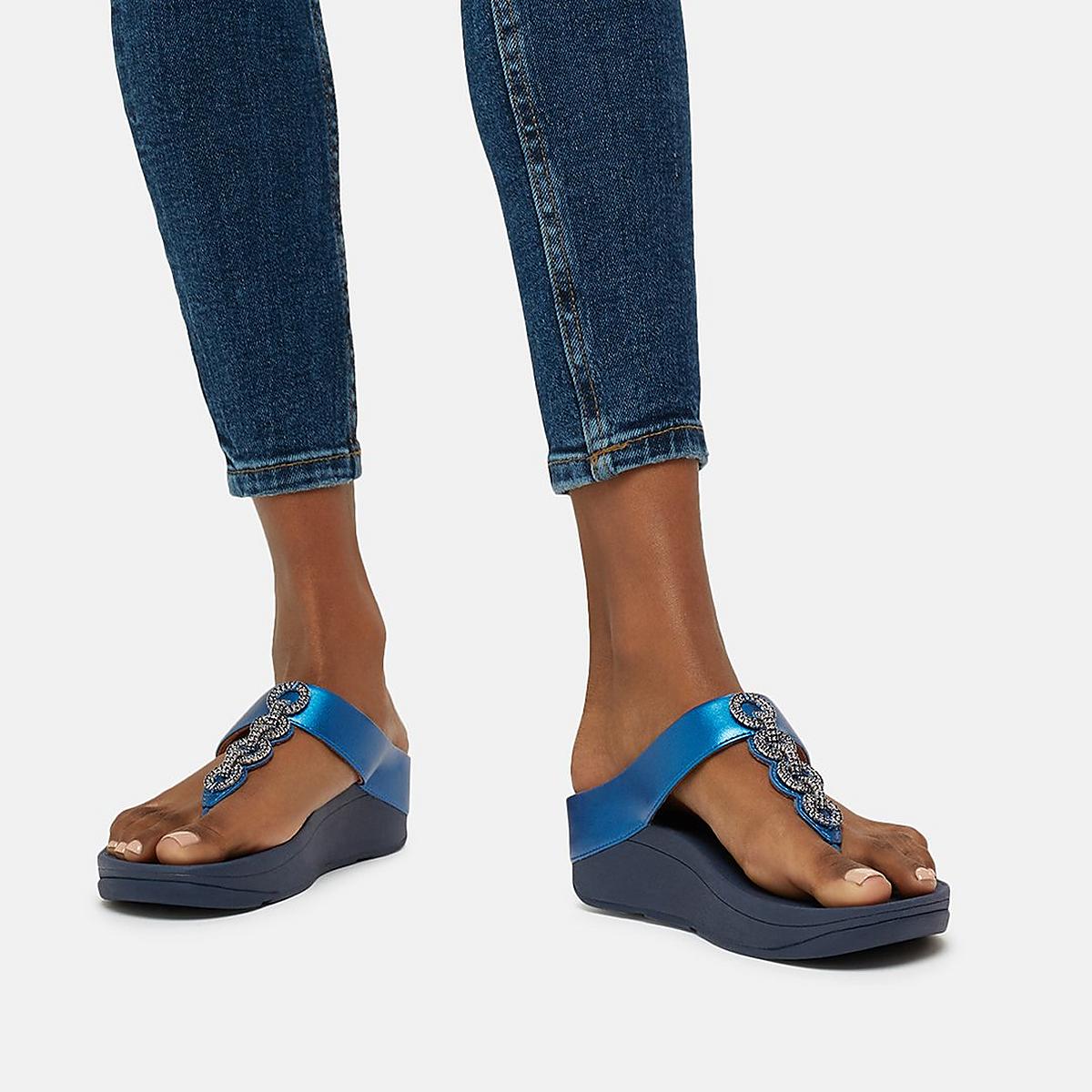 Blue Women's Fitflop FINO Sparkle Toe-Post Sandals | OC4960537