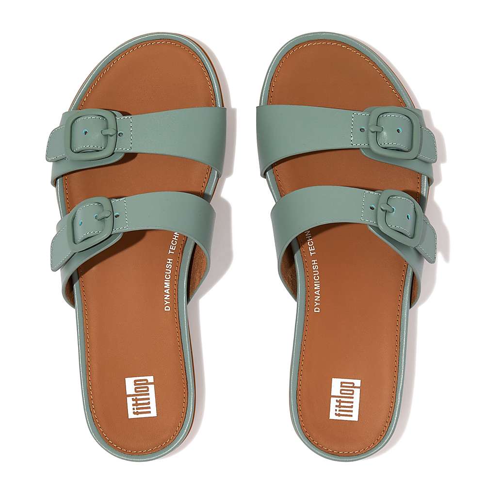 Blue Women's Fitflop GRACIE Buckle Two-Bar Leather Slides Sandals | IZ9238104