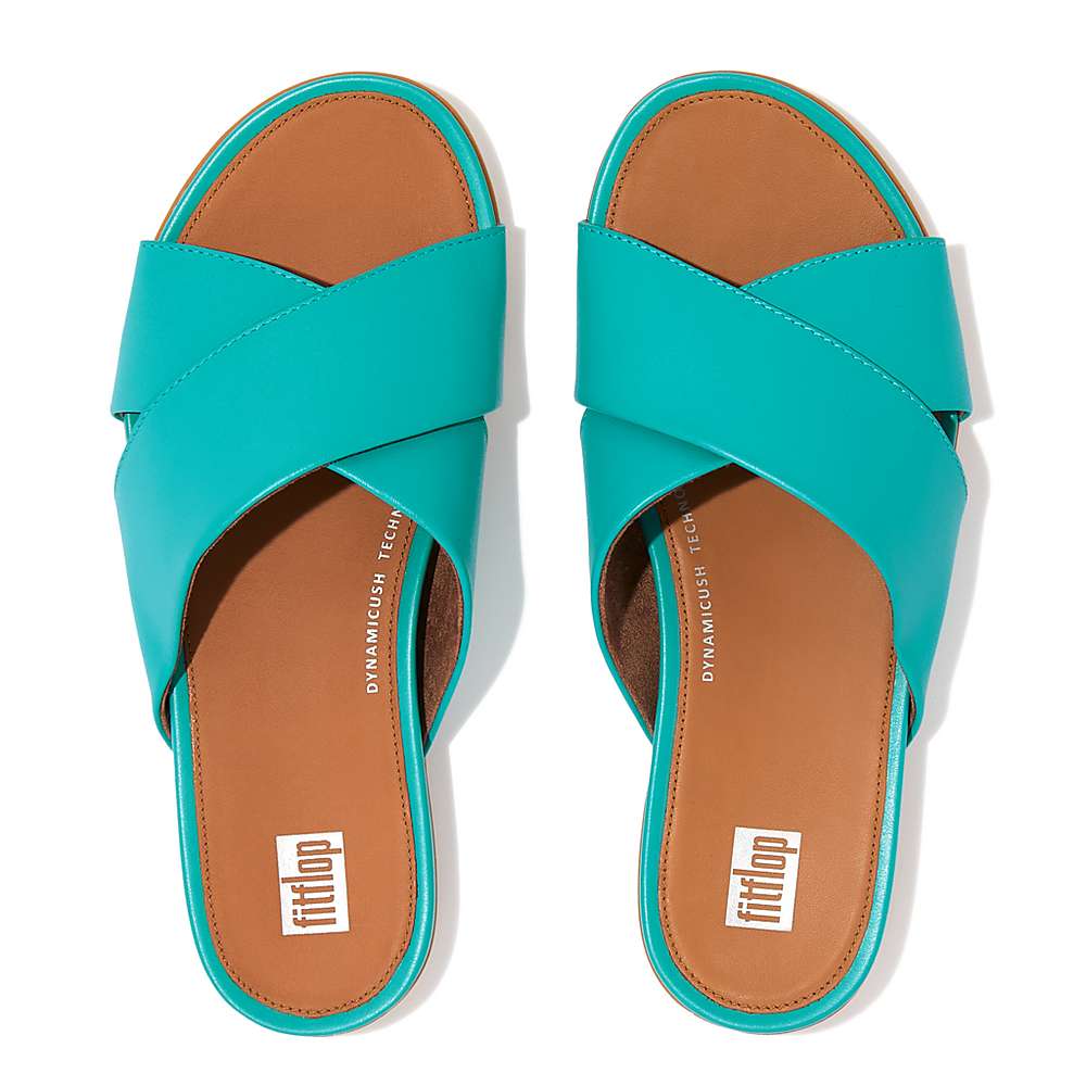 Blue Women's Fitflop GRACIE Leather Cross Slides Sandals | EN4510293