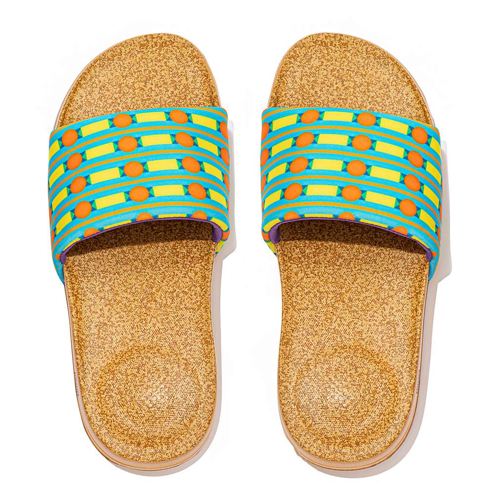 Blue/Yellow Women's Fitflop IQUSHION X Yinka Ilori Water-Resistant Slides | NC5719802