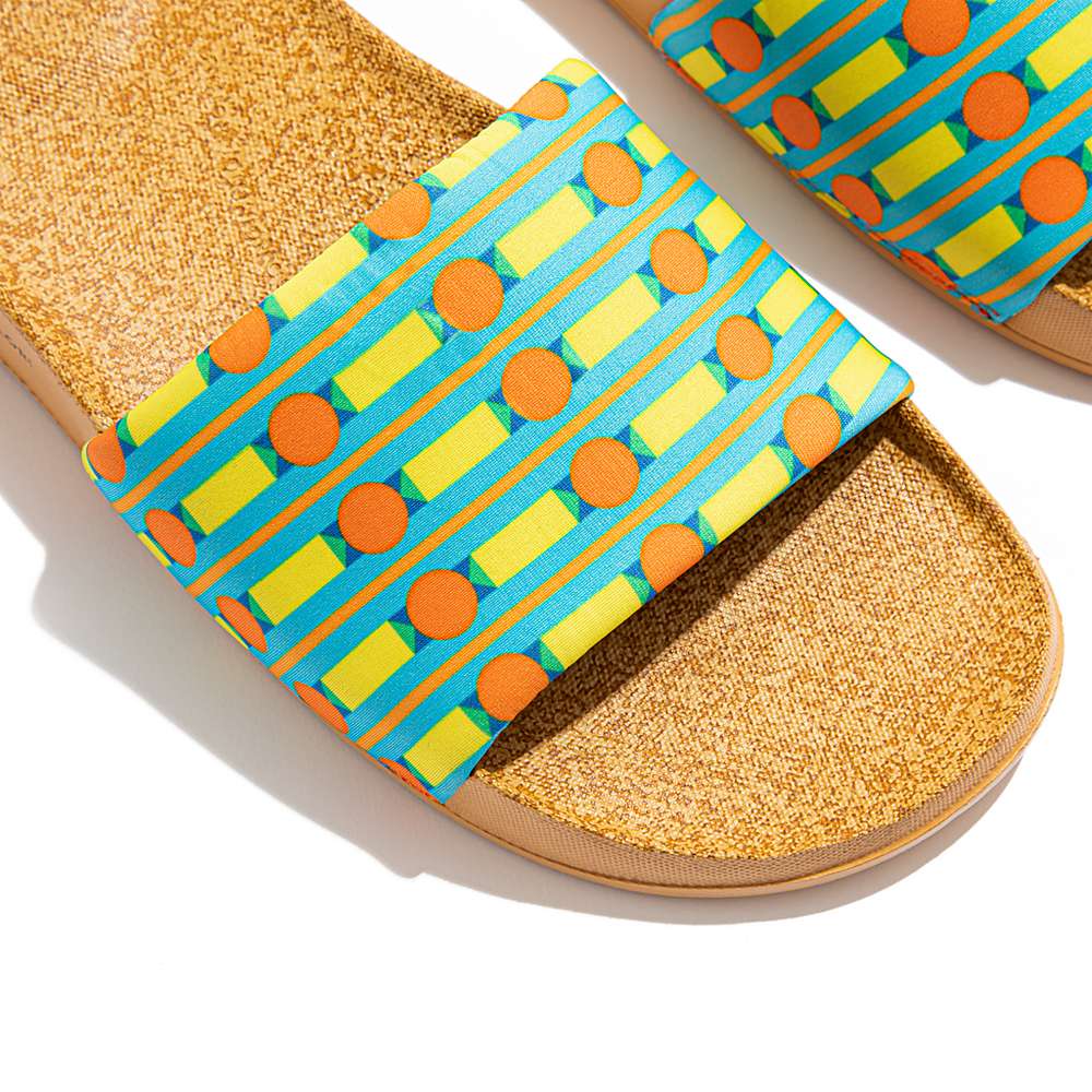 Blue/Yellow Women's Fitflop IQUSHION X Yinka Ilori Water-Resistant Slides | NC5719802