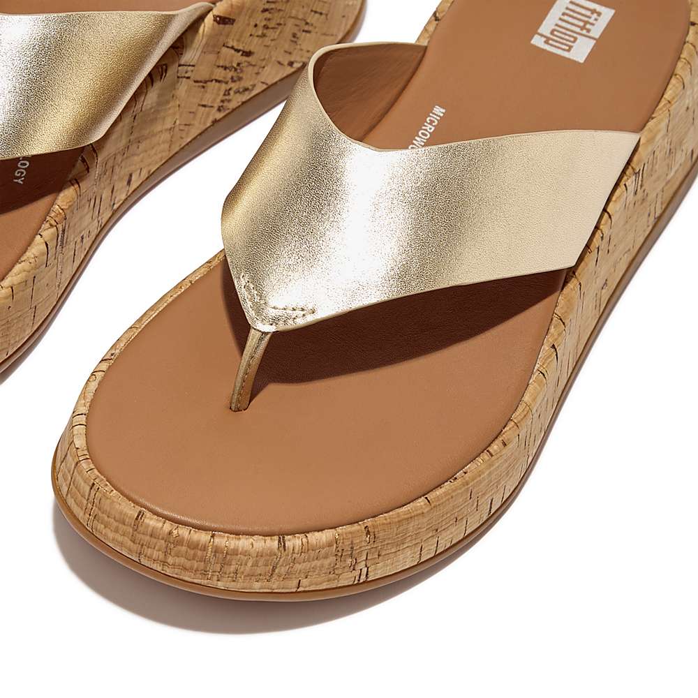 Brown/Gold Women's Fitflop F-MODE Metallic Leather/Cork Flatform Toe-Post Sandals | FB4521370