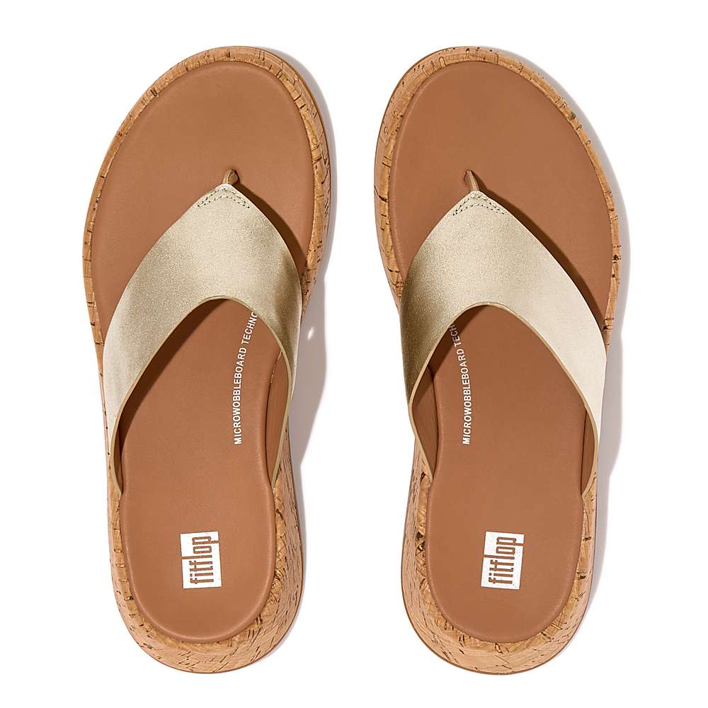 Brown/Gold Women's Fitflop F-MODE Metallic Leather/Cork Flatform Toe-Post Sandals | FB4521370