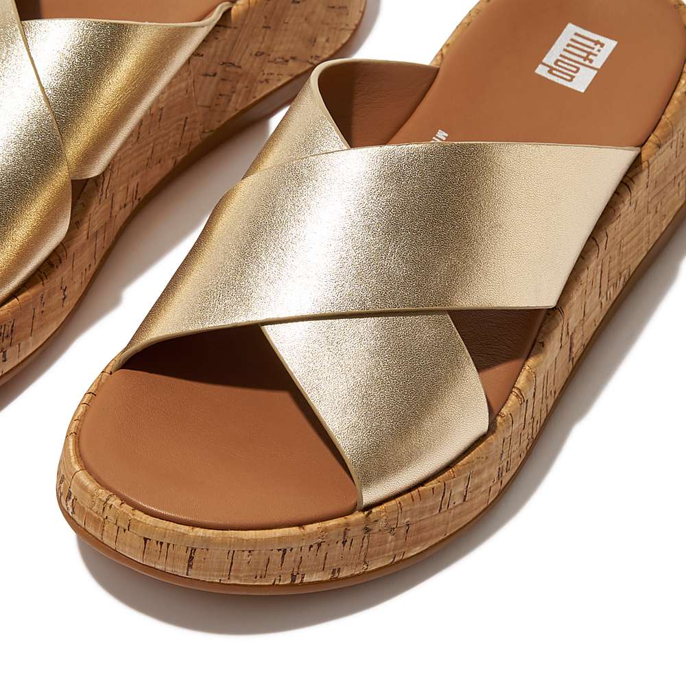 Brown/Gold Women's Fitflop F-MODE Metallic Leather/Cork Flatform Cross Slides Sandals | JS3509146