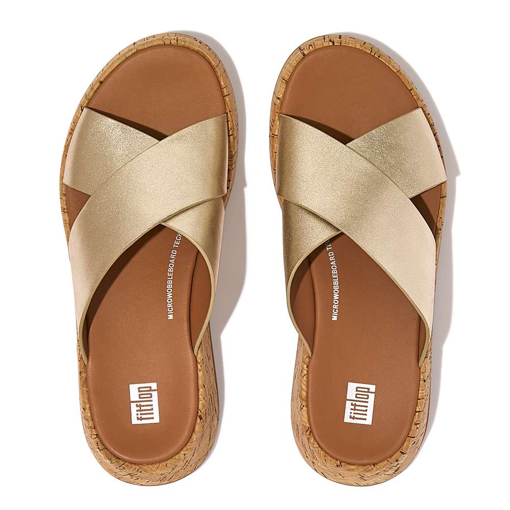 Brown/Gold Women's Fitflop F-MODE Metallic Leather/Cork Flatform Cross Slides Sandals | JS3509146