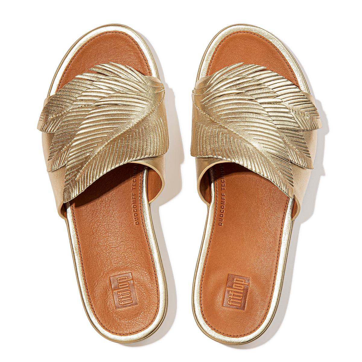 Brown/Gold Women's Fitflop SOLA Feather Metallic Leather Slides Sandals | CA3754891