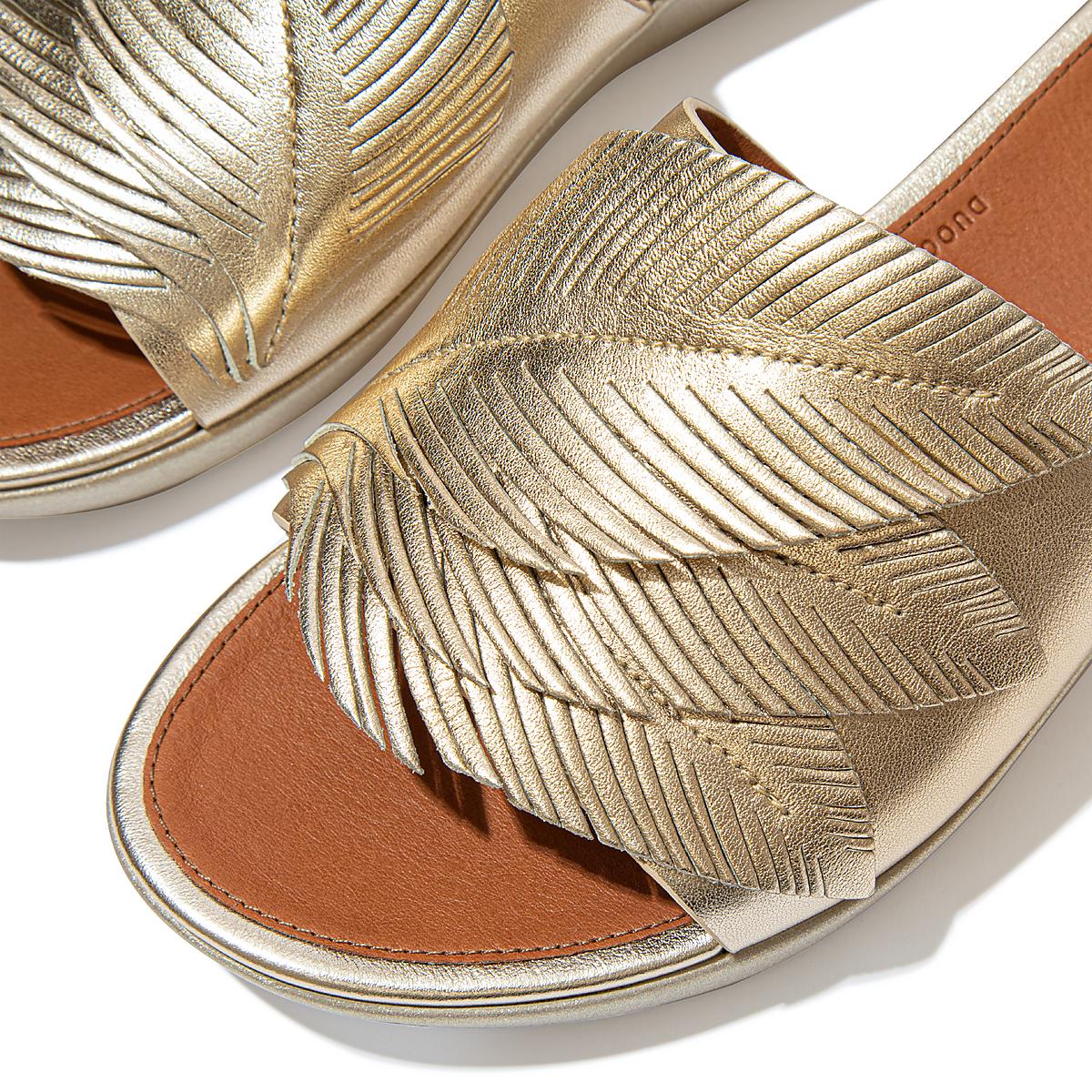 Brown/Gold Women's Fitflop SOLA Feather Metallic Leather Slides Sandals | CA3754891