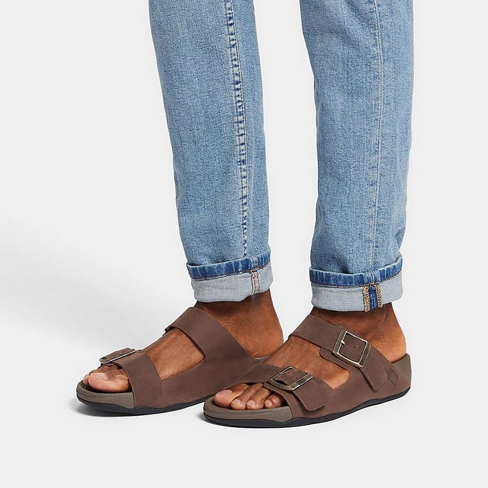 Brown Men's Fitflop GOGH MOC Buckle Nubuck Slides Sandals | HF1492637