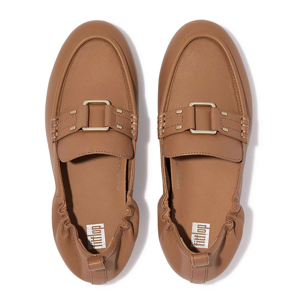 Brown Women's Fitflop ALLEGRO Stud-Buckle Leather Loafers | FJ5902613