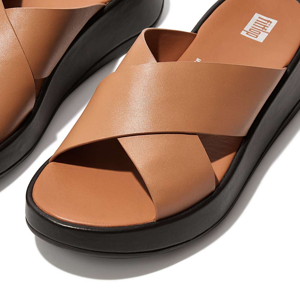 Brown Women's Fitflop F-MODE Luxe Leather Flatform Cross Slides Sandals | OZ1624739