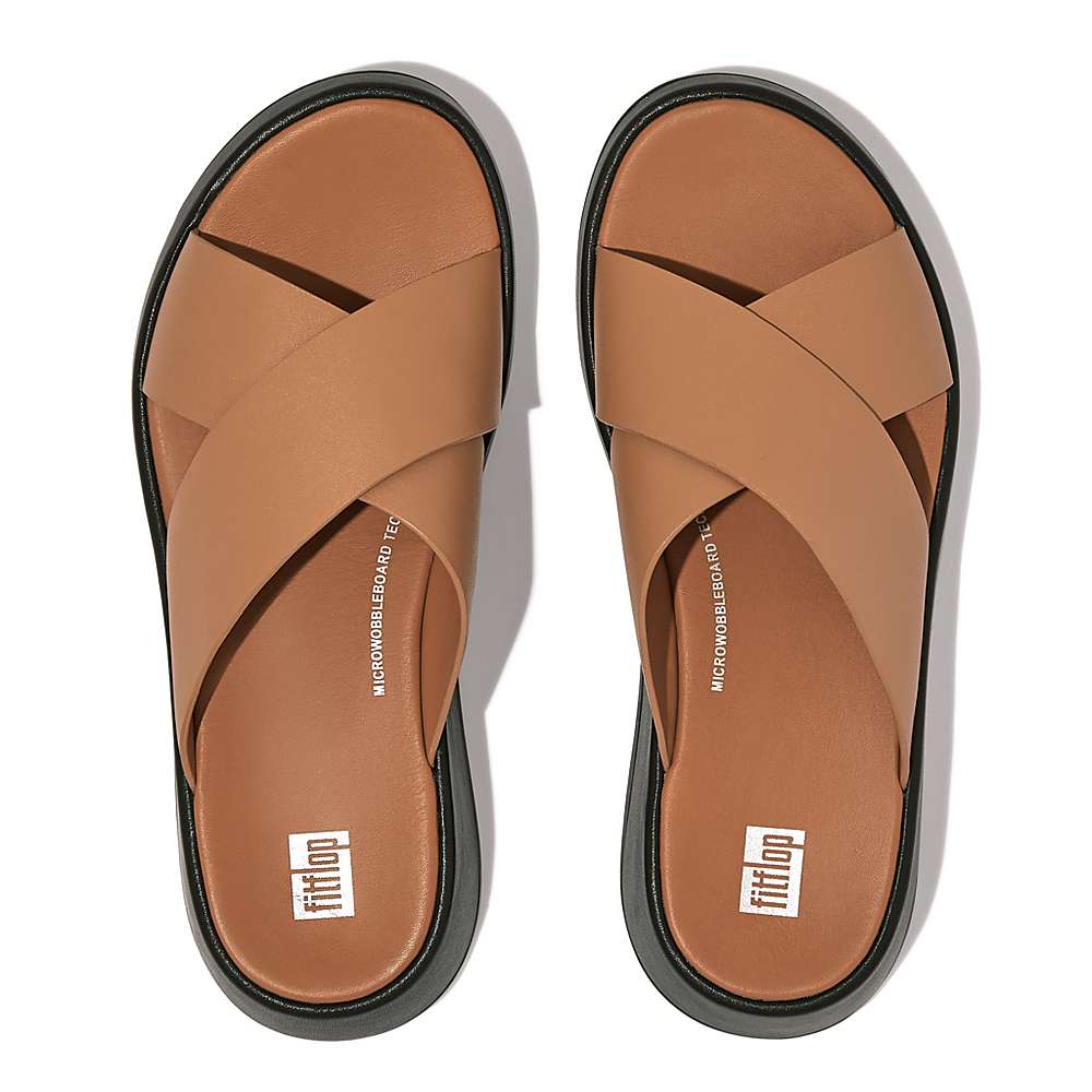 Brown Women's Fitflop F-MODE Luxe Leather Flatform Cross Slides Sandals | OZ1624739