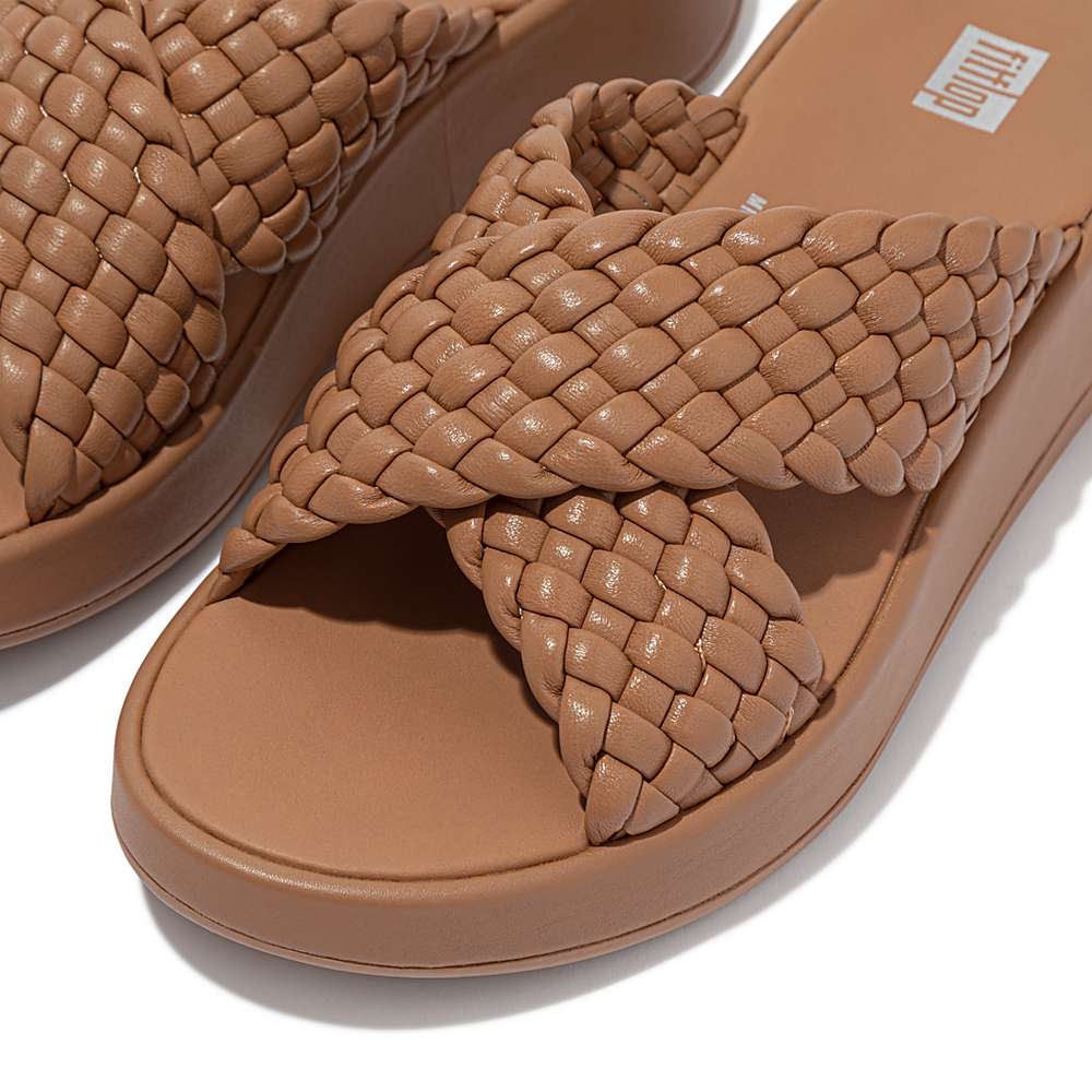 Brown Women's Fitflop F-MODE Woven Leather Flatform Cross Slides Sandals | BM0962473