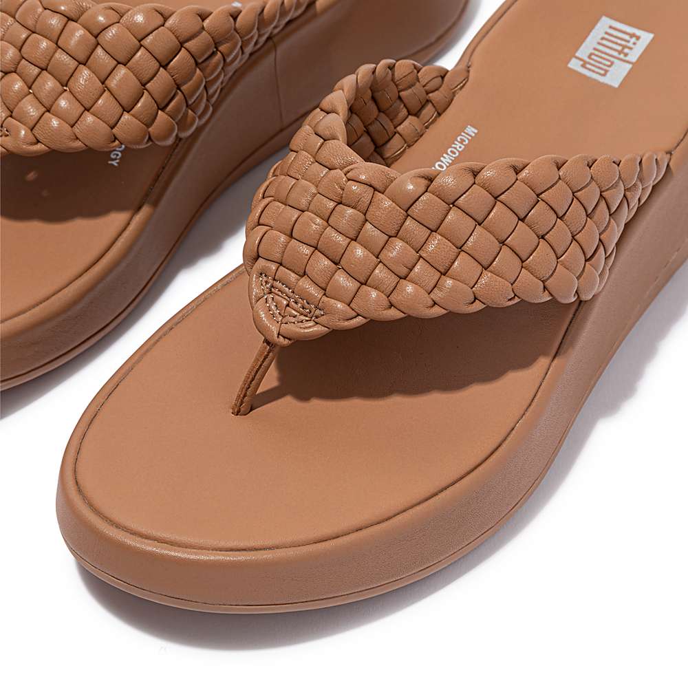 Brown Women's Fitflop F-MODE Woven Leather Flatform Toe-Post Sandals | UI2416059