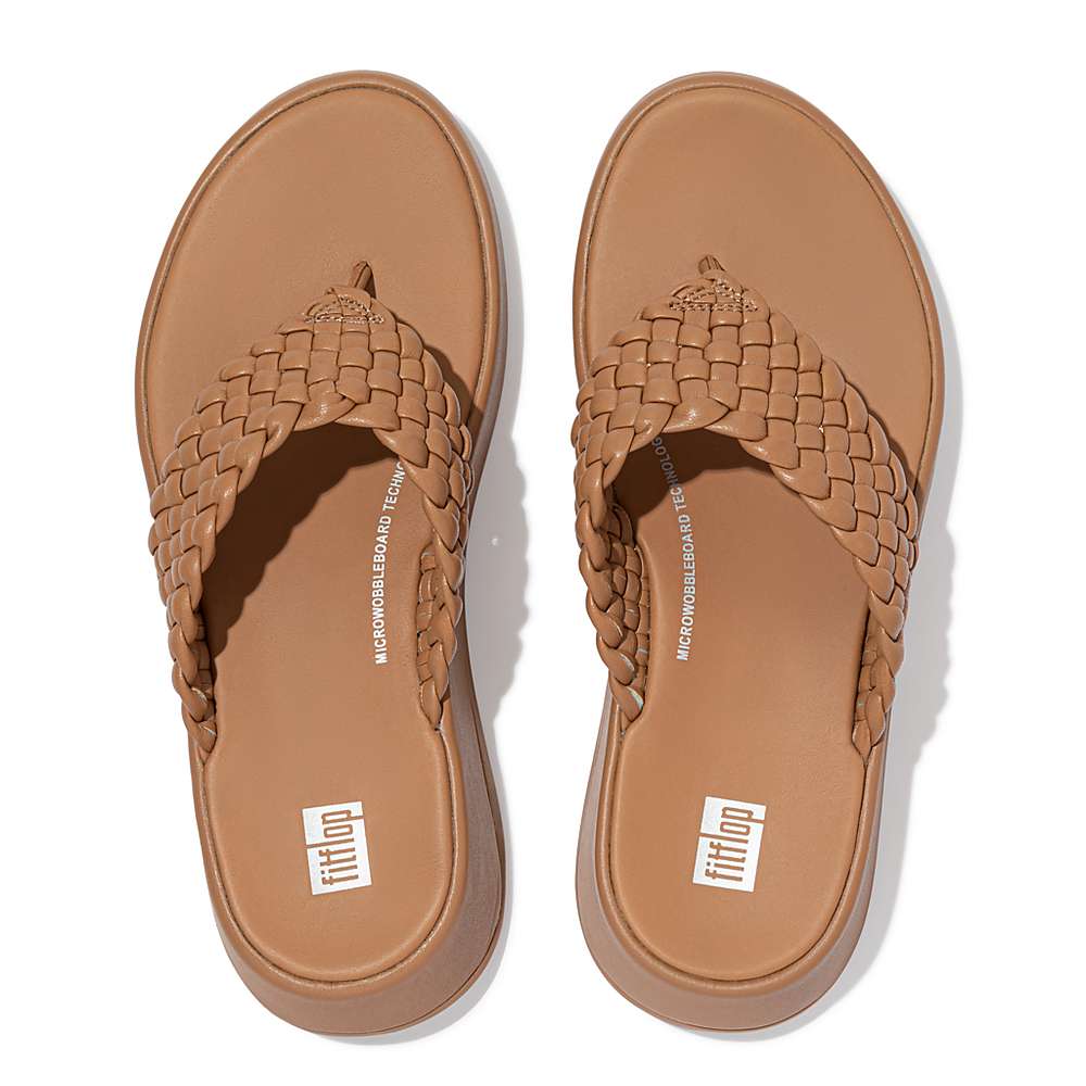 Brown Women's Fitflop F-MODE Woven Leather Flatform Toe-Post Sandals | UI2416059