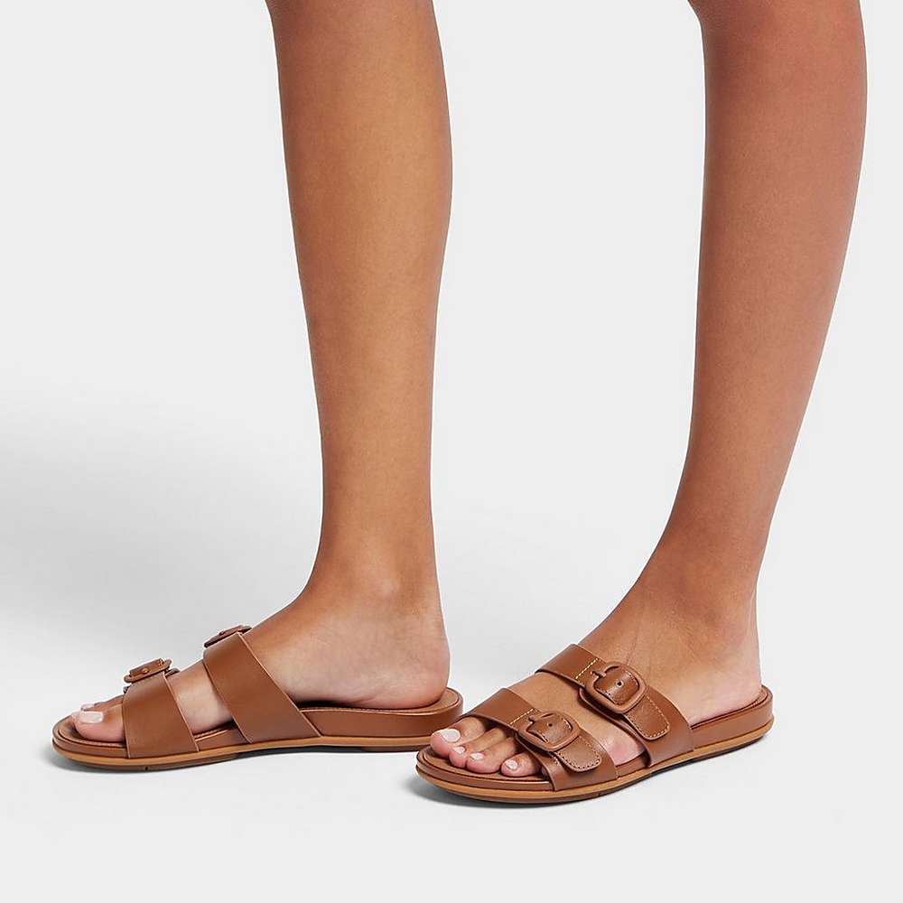 Brown Women's Fitflop GRACIE Buckle Two-Bar Leather Slides Sandals | DR3492507