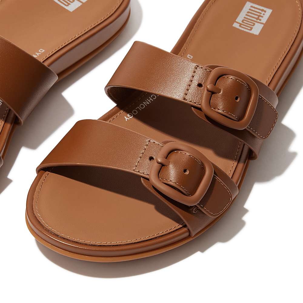 Brown Women's Fitflop GRACIE Buckle Two-Bar Leather Slides Sandals | DR3492507