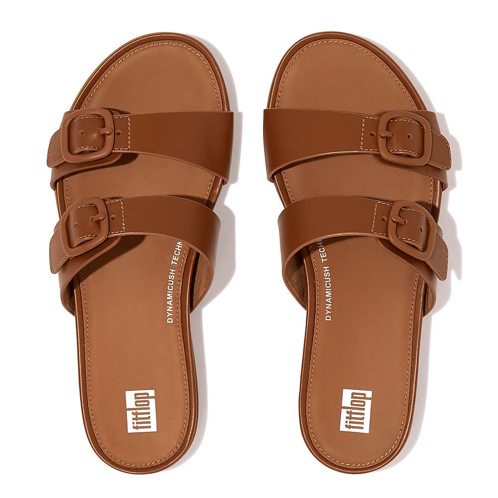 Brown Women's Fitflop GRACIE Buckle Two-Bar Leather Slides Sandals | DR3492507