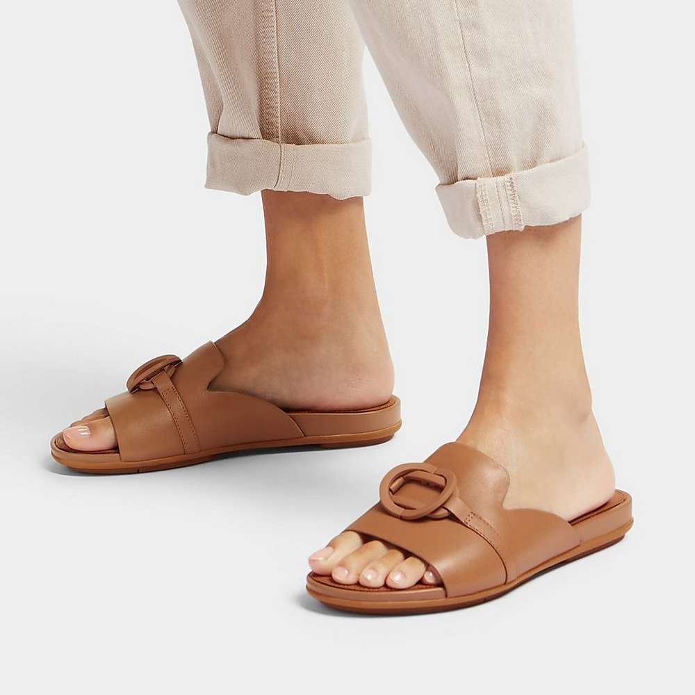 Brown Women's Fitflop GRACIE Circlet Leather Slides Sandals | RL1975603