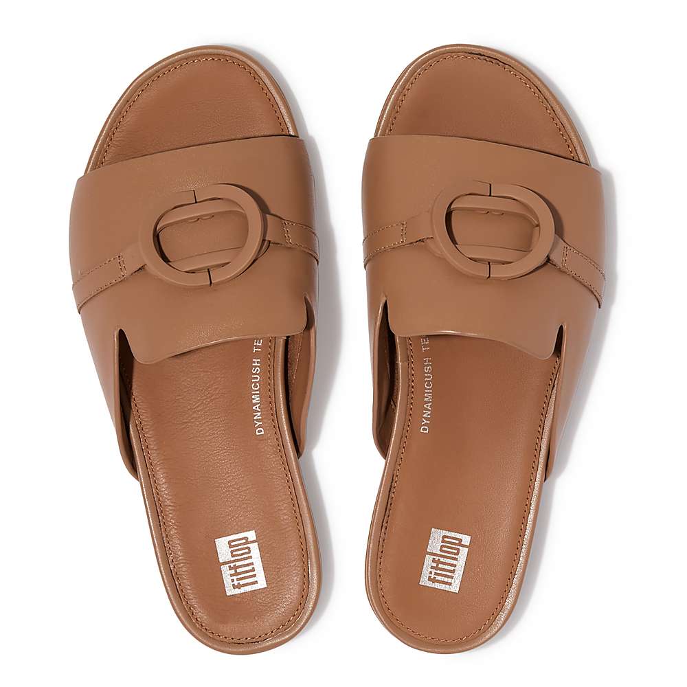 Brown Women's Fitflop GRACIE Circlet Leather Slides Sandals | RL1975603