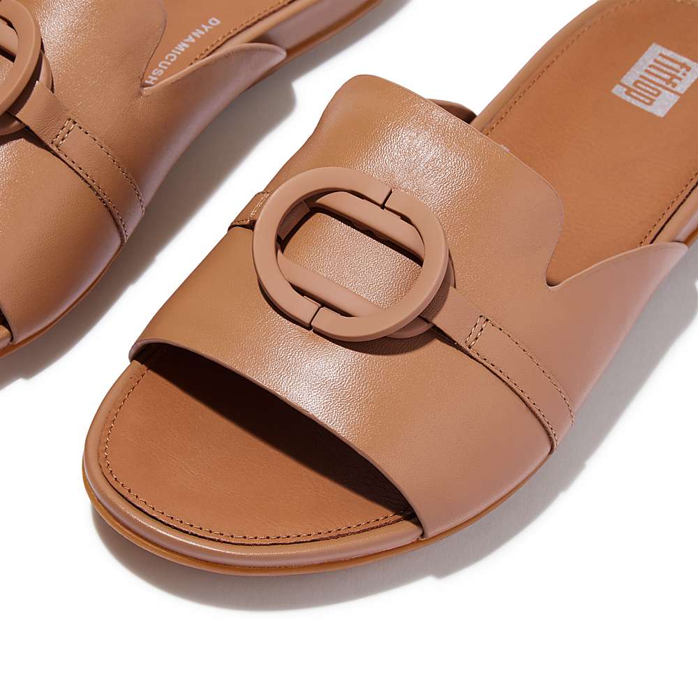 Brown Women's Fitflop GRACIE Circlet Leather Slides Sandals | RL1975603