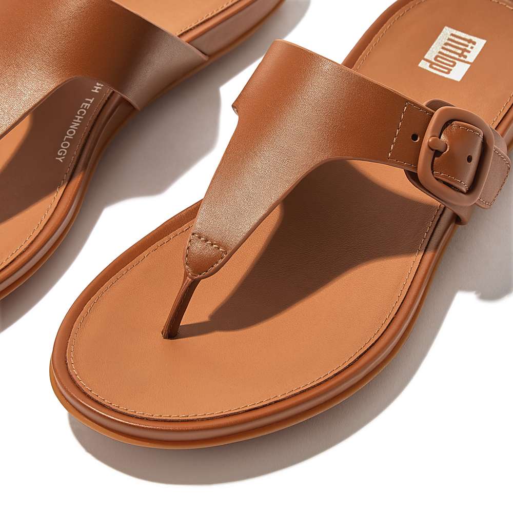 Brown Women's Fitflop GRACIE Matt-Buckle Leather Toe-Post Sandals | US2396170