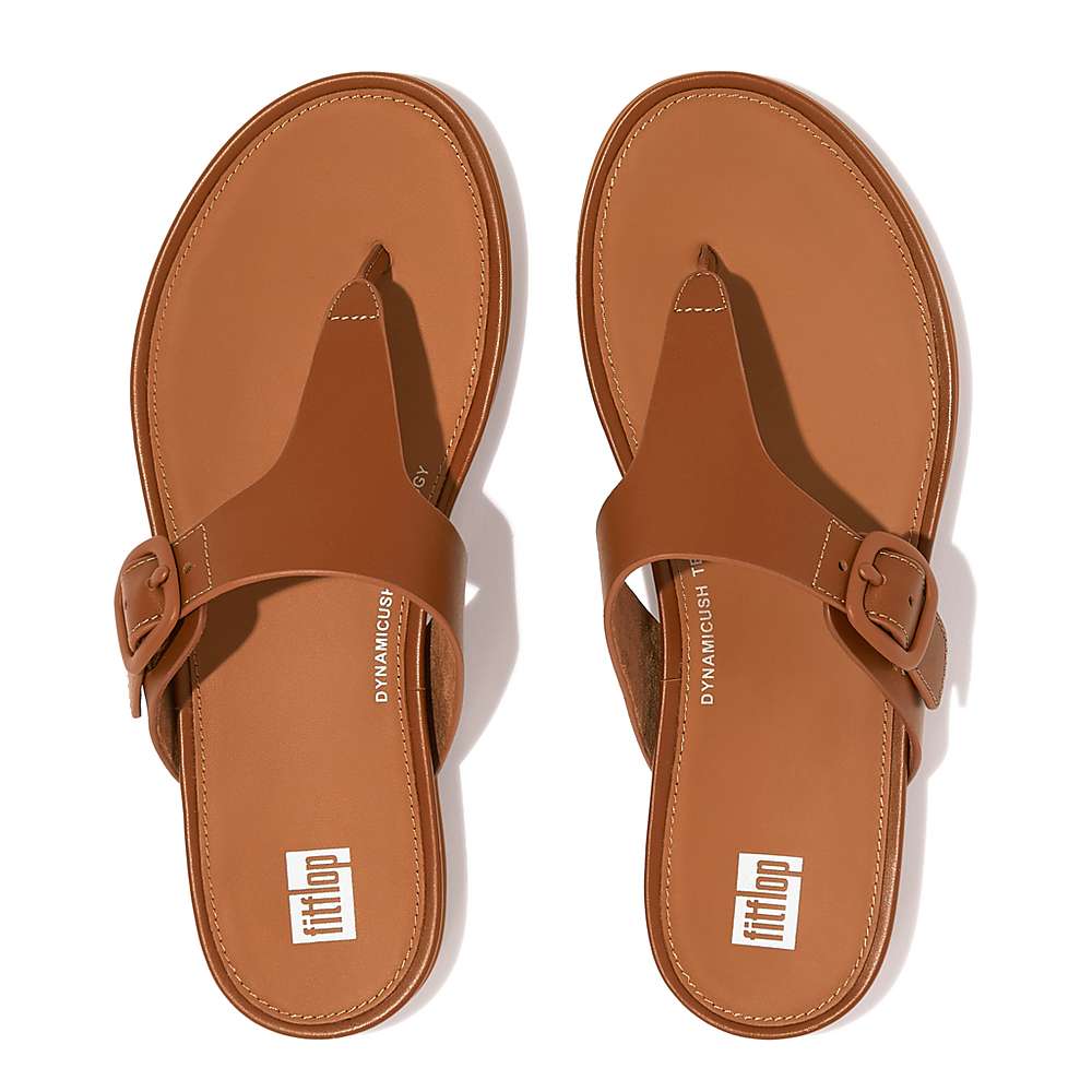 Brown Women's Fitflop GRACIE Matt-Buckle Leather Toe-Post Sandals | US2396170