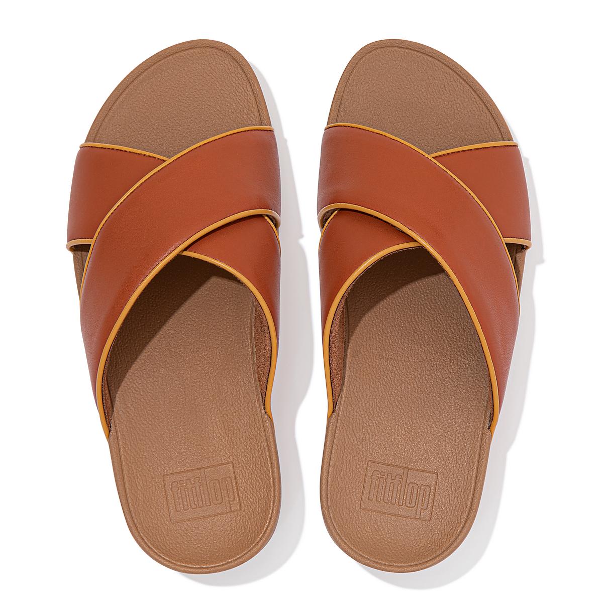 Brown Women's Fitflop LULU Pop Binding Leather Cross Slides Sandals | TN1765308