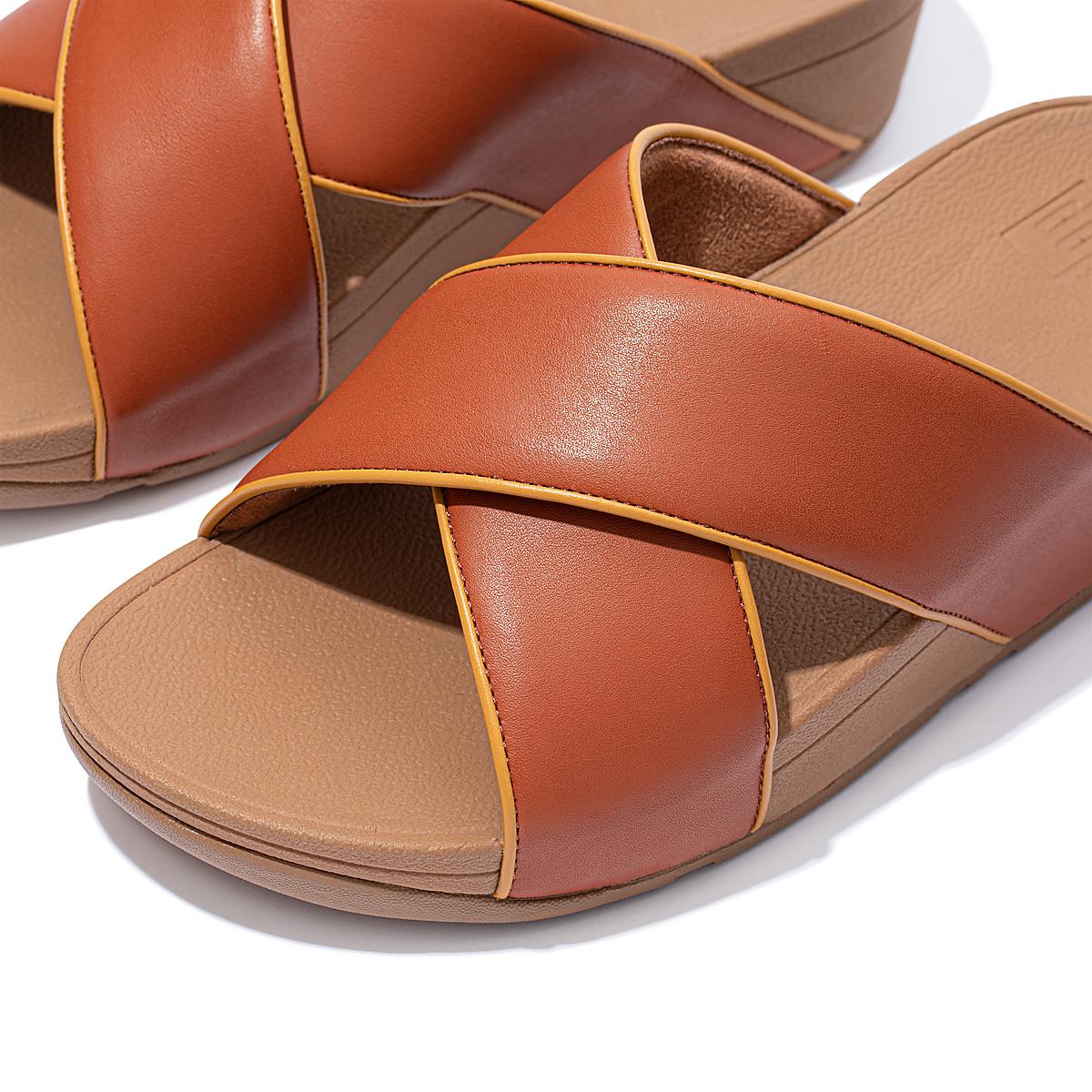 Brown Women's Fitflop LULU Pop Binding Leather Cross Slides Sandals | TN1765308