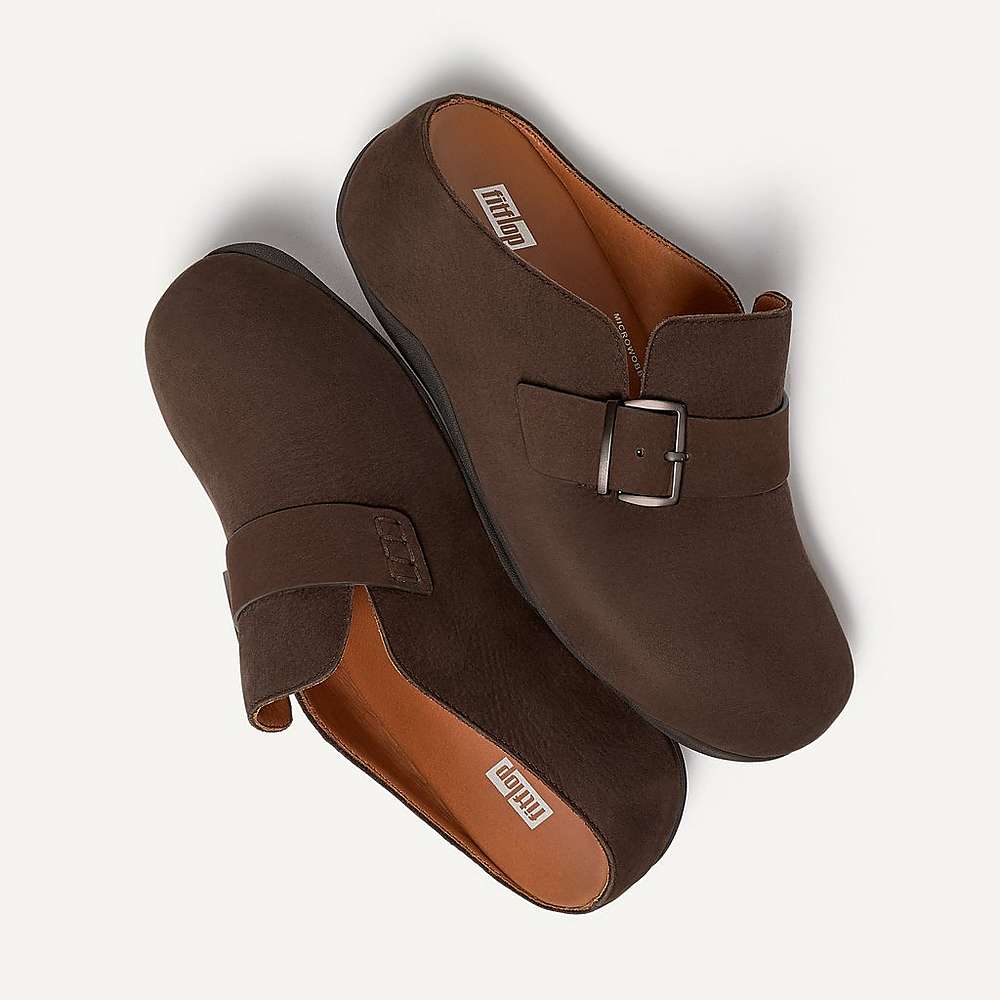 Brown Women's Fitflop SHUV Buckle Strap Leather Clogs | ZE3908456