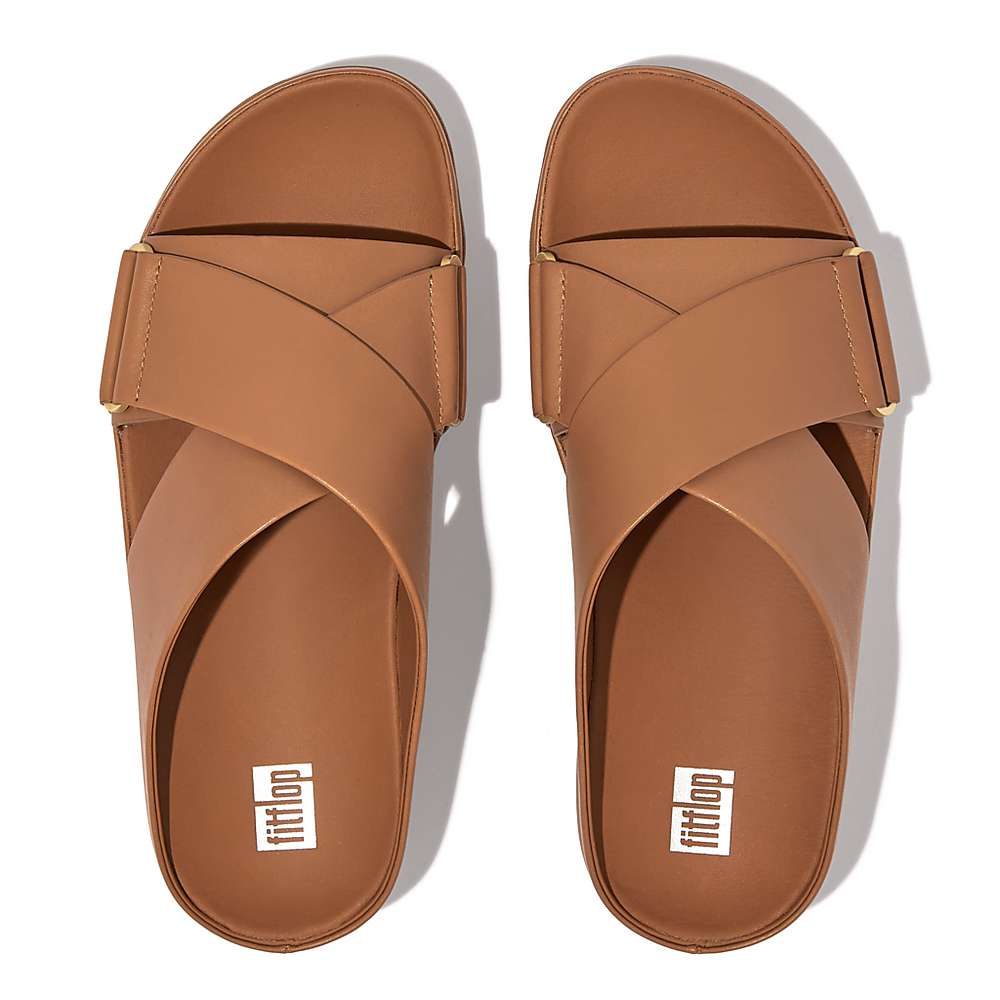 Brown Women's Fitflop SHUV Leather Cross Slides Sandals | RT7458196