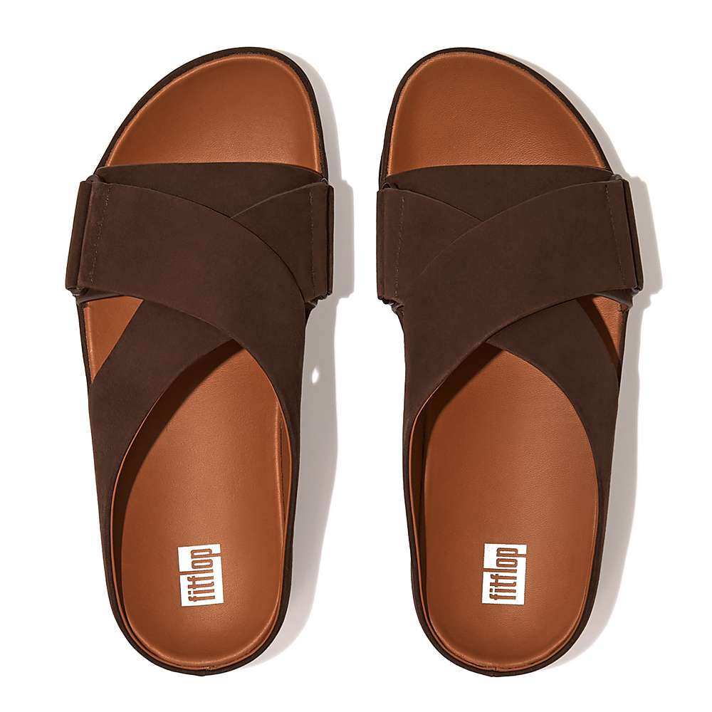 Brown Women's Fitflop SHUV Nubuck Cross Slides Sandals | KN3914872