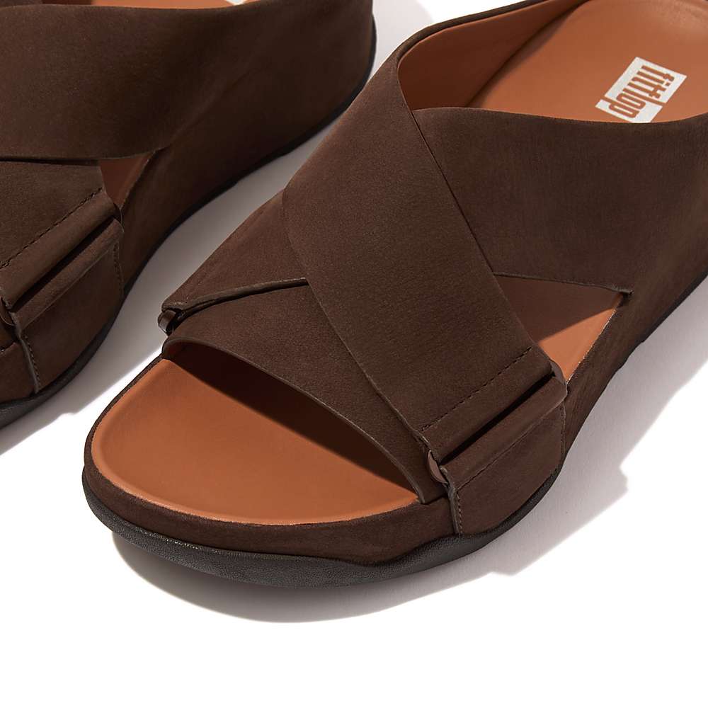 Brown Women's Fitflop SHUV Nubuck Cross Slides Sandals | KN3914872