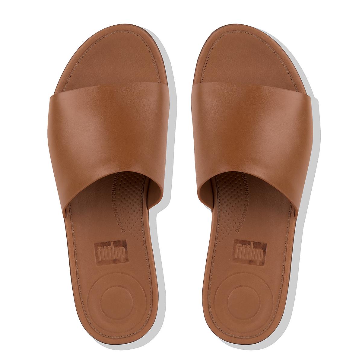 Brown Women's Fitflop SOLA Leather Slides Sandals | CE7680591