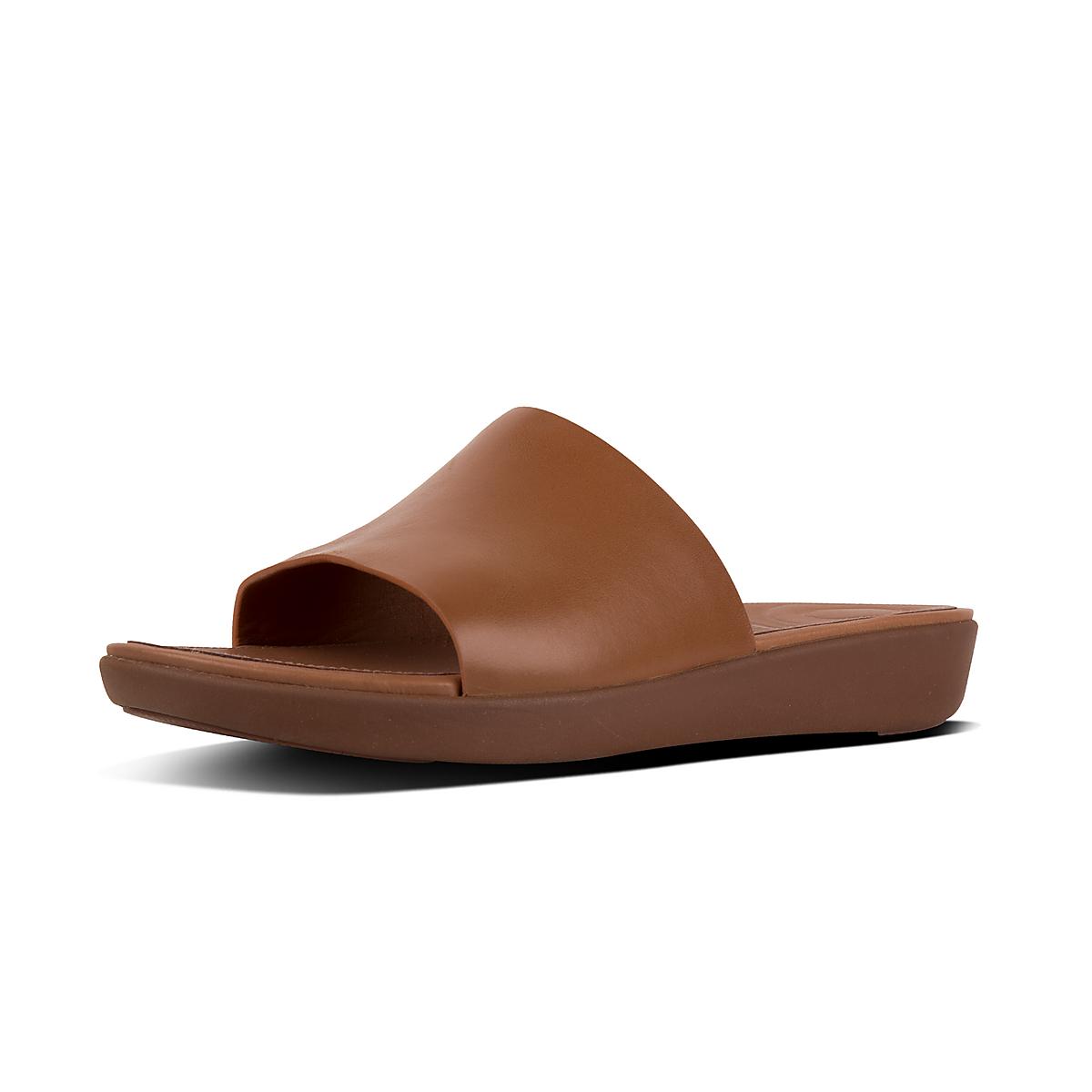 Brown Women's Fitflop SOLA Leather Slides Sandals | CE7680591