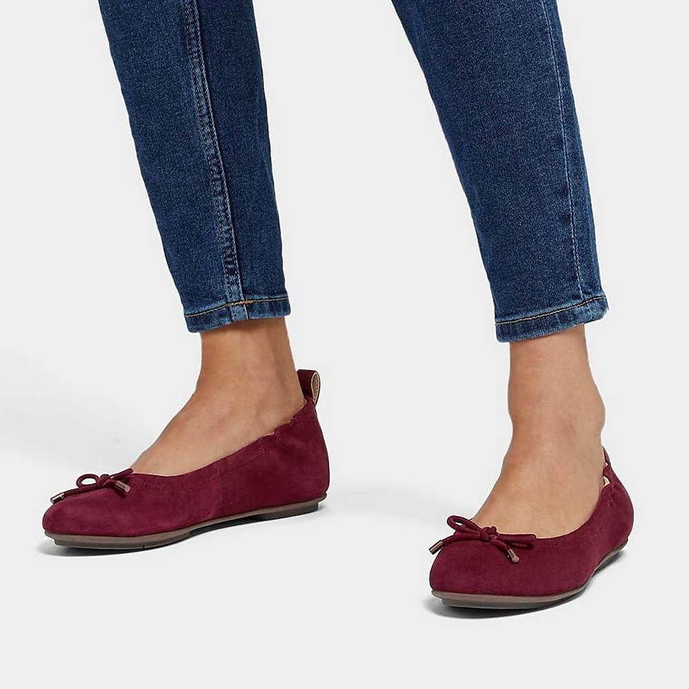 Burgundy Women's Fitflop ALLEGRO Bow Suede Ballet Flats | PB7142953