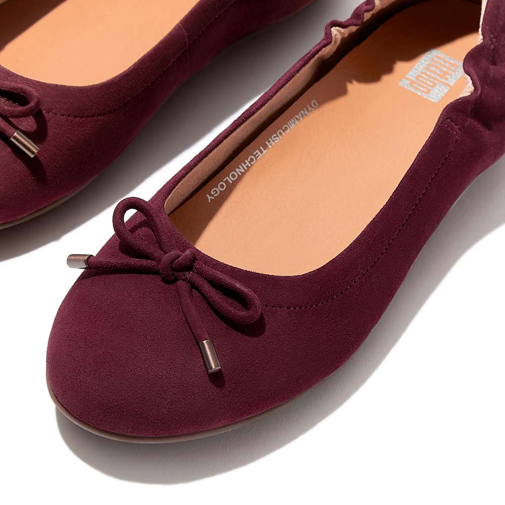 Burgundy Women's Fitflop ALLEGRO Bow Suede Ballet Flats | PB7142953