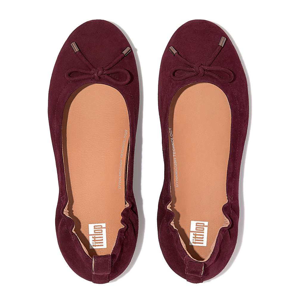 Burgundy Women's Fitflop ALLEGRO Bow Suede Ballet Flats | PB7142953