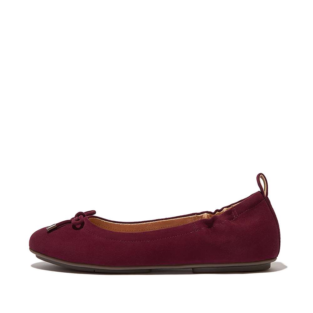 Burgundy Women\'s Fitflop ALLEGRO Bow Suede Ballet Flats | PB7142953