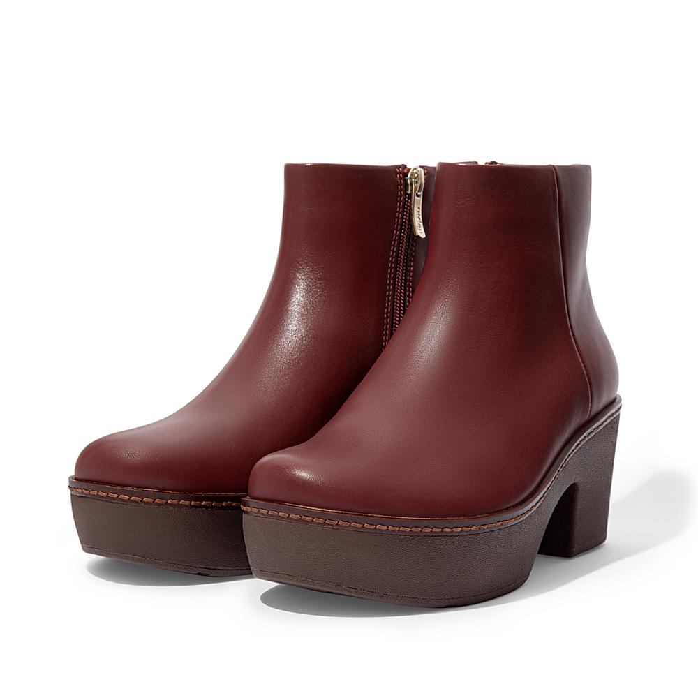 Burgundy Women's Fitflop PILAR Leather Platform Ankle Boots | XF2108564