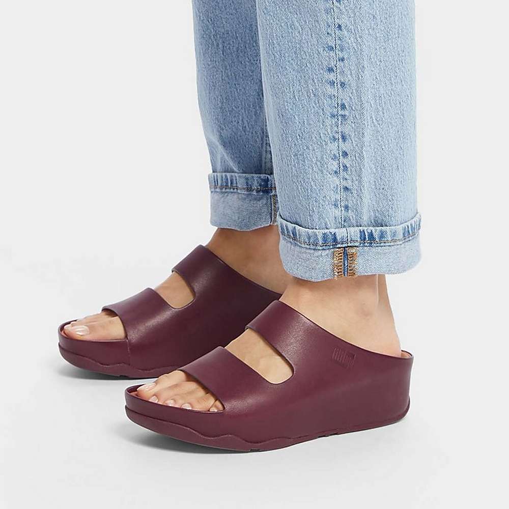 Burgundy Women's Fitflop SHUV Two-Bar Leather Slides Sandals | FU3715089