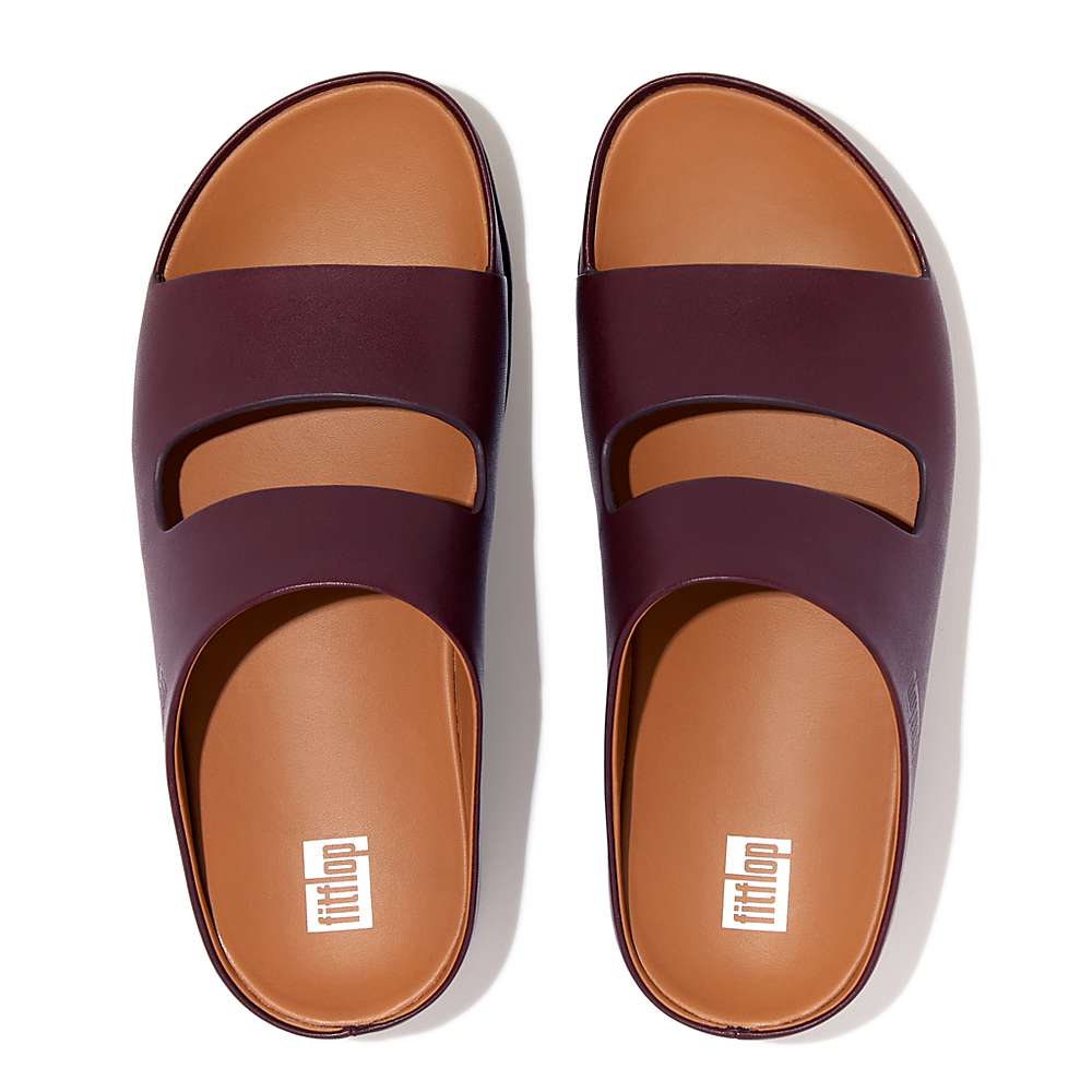 Burgundy Women's Fitflop SHUV Two-Bar Leather Slides Sandals | FU3715089