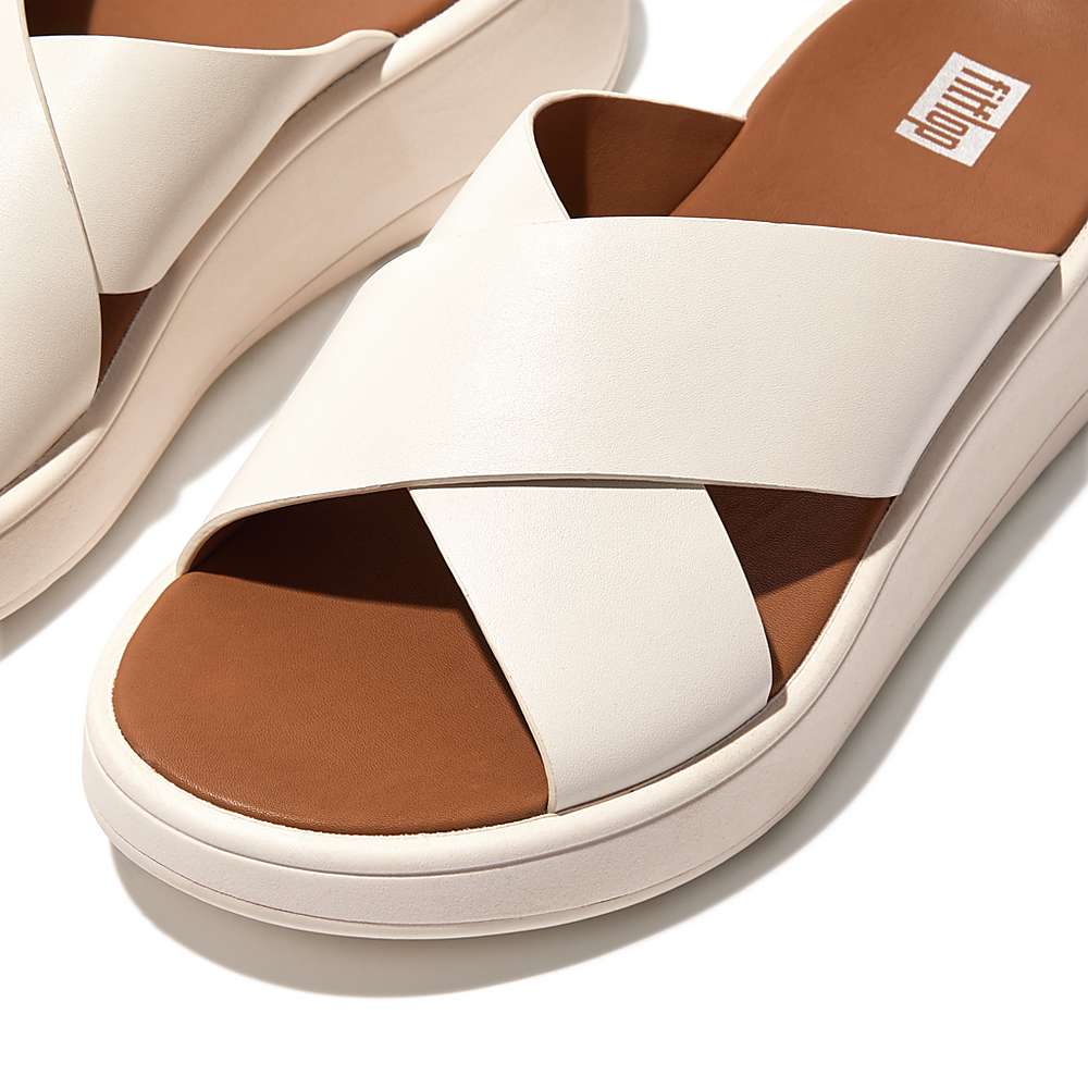 Cream Women's Fitflop F-MODE Leather Flatform Cross Slides Sandals | CM4075932