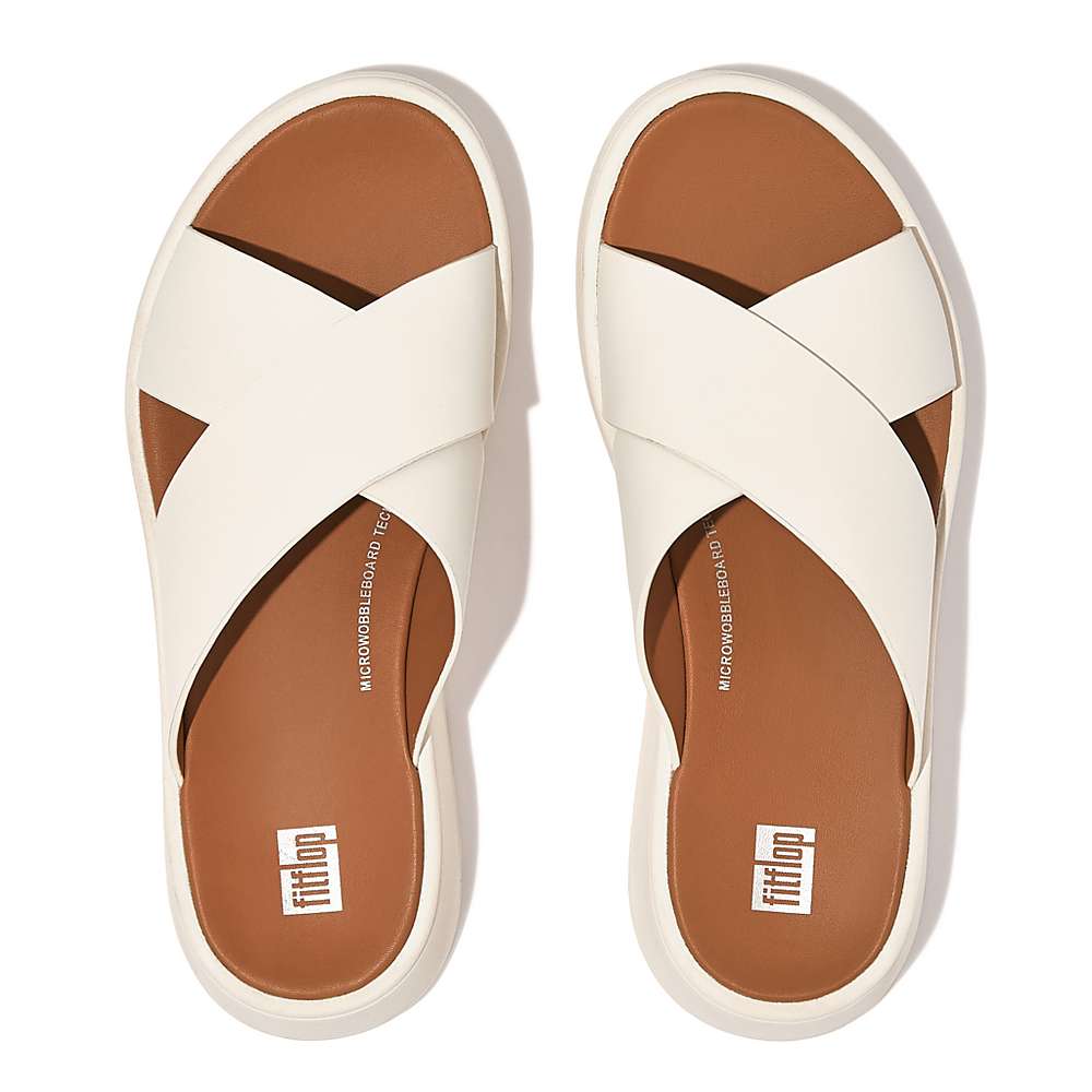 Cream Women's Fitflop F-MODE Leather Flatform Cross Slides Sandals | CM4075932