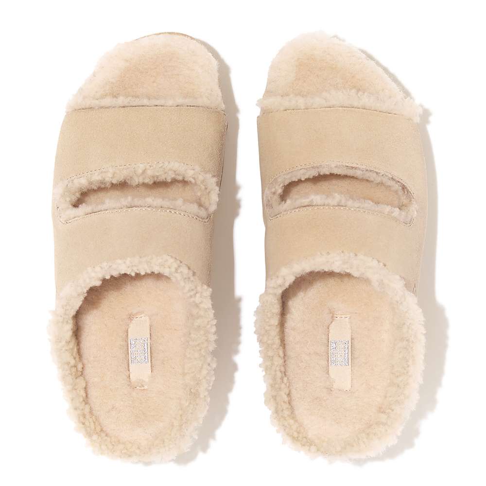 Cream Women's Fitflop SHUV Two-Bar Shearling Suede Slides Slippers | IO0639872