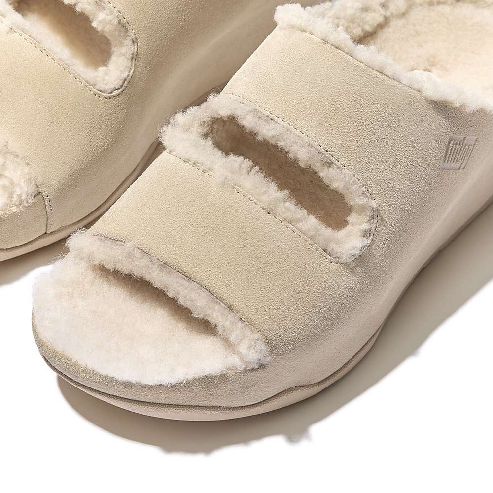 Cream Women's Fitflop SHUV Two-Bar Shearling Suede Slides Slippers | IO0639872