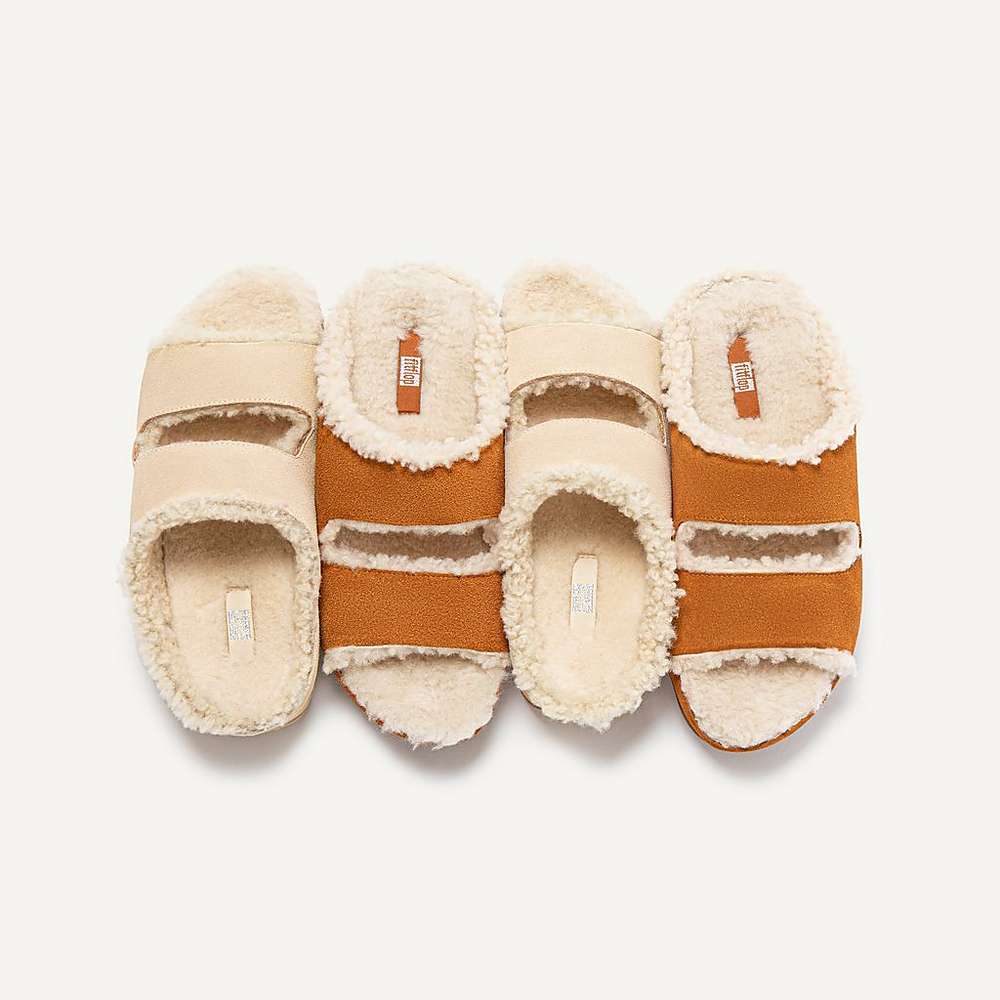 Cream Women's Fitflop SHUV Two-Bar Shearling Suede Slides Slippers | IO0639872