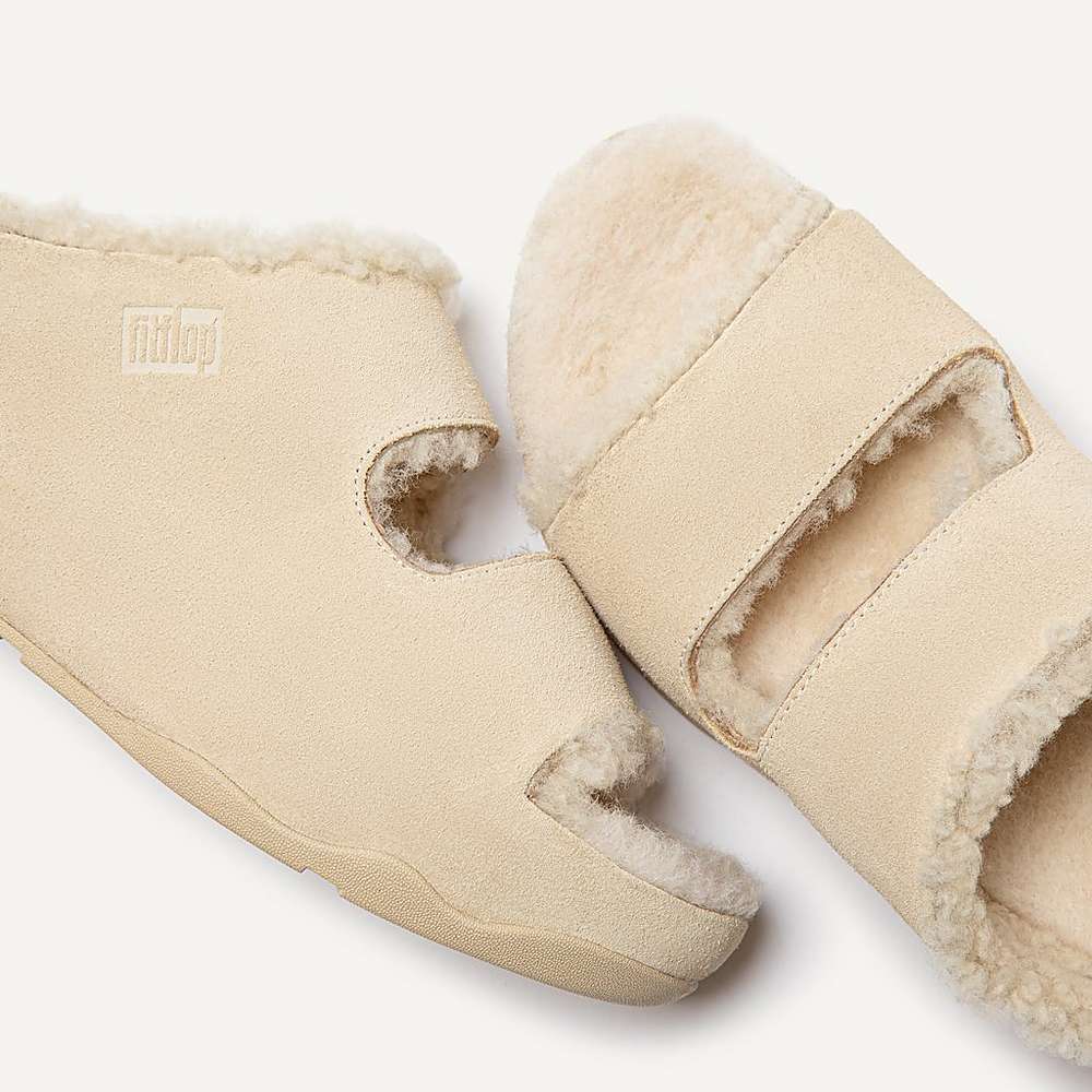 Cream Women's Fitflop SHUV Two-Bar Shearling Suede Slides Slippers | IO0639872