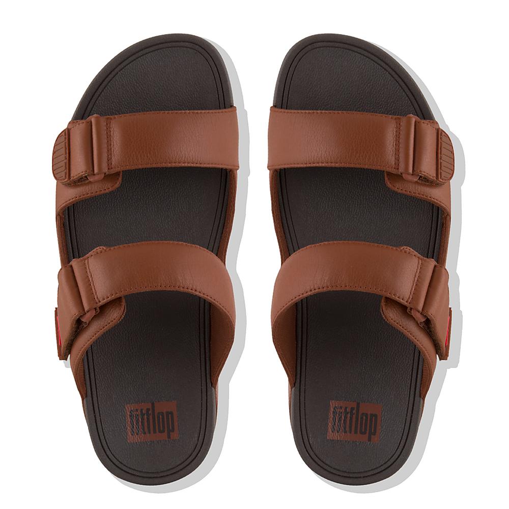 Dark Brown Men's Fitflop GOGH MOC Adjustable Leather Slides Sandals | YW8593647