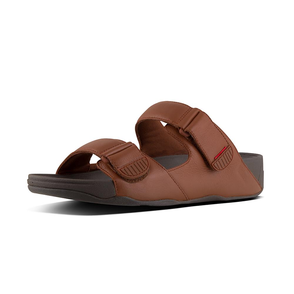 Dark Brown Men's Fitflop GOGH MOC Adjustable Leather Slides Sandals | YW8593647