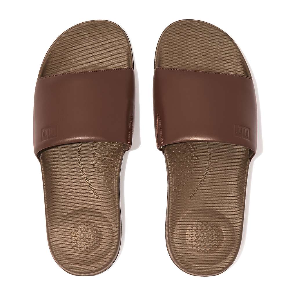 Dark Brown Men's Fitflop IQUSHION Ergonomic Leather Slides | SR6137902